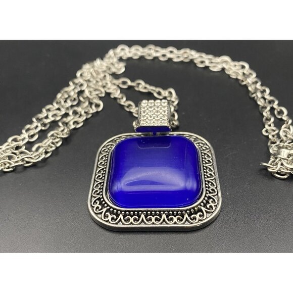 Royal Blue Cat's Eye Pendant Iced Out CZ Hip Hop Silver Tone Chain Cable 34+2" - Picture 2 of 6